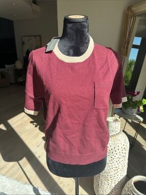 French Connection Maroon Short Sleeve Knit with Cream Neck Trim